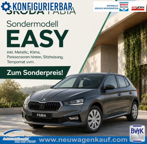 Skoda Fabia - "SONDERMODELL EASY" (1) LIEFERUNG KOSTENLOS! 1.0 TSI 95PS, METALLIC, LED-Scheinwerfer, M-Lederlenkrad, Nebelscheinwerfer, Parksensoren hinten, Sitzheizung, Tempomat, Klimaanlage, Infotainment 8", Fu&szlig;matten, 4fach elektr. Fensterheber, Mittelarmlehne vorne