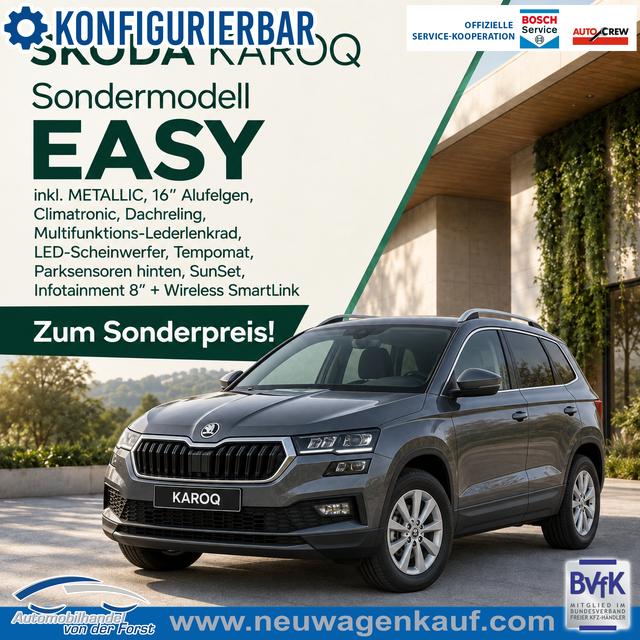 Skoda Karoq - "SONDERMODELL EASY" LIEFERUNG KOSTENLOS! 2.0 TDI 150PS DSG/AUTOMATIK 4x4/ALLRAD, METALLIC, 16"Alu, Climatronic, Dachreling, M-Lederlenkrad, LED-Scheinwerfer, Tempomat, Parksensoren hinten, Virtual Cockpit 8", SunSet, Infotainment 8" + Wireless SmartLink