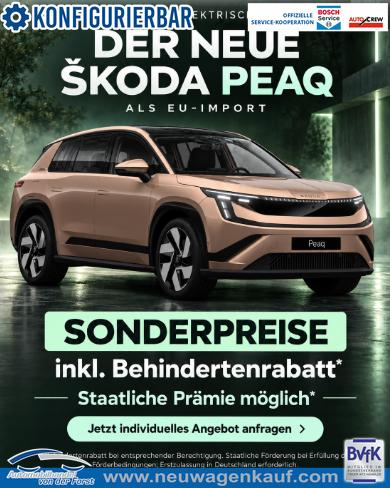 Skoda Peaq - "Selection" *Behindertenrabatt & KOSTENLOSE LIEFERUNG! 60 63kWh, 19" Alu, NAVI 13,6", 3-Zonen-Climatronic, Parksensoren vorn/hinten, R&uuml;ckfahrkamera, Elektr. Heckklappe, Sitzheizung vorn, Akustik + Privacy-Glas, Kessy, Alarm