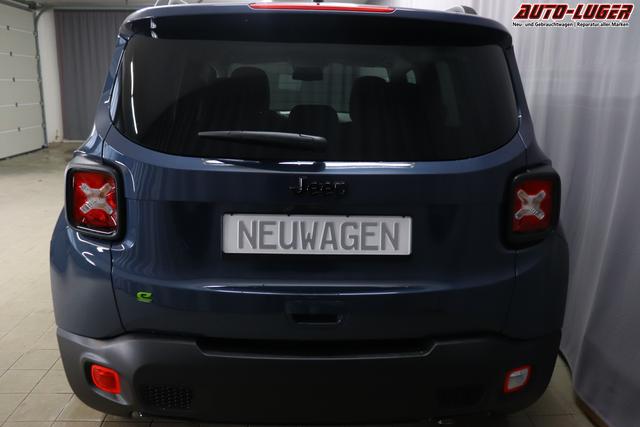Jeep Renegade 1.5 T4 DCT7 e-Hybrid Limited 1469 96 kW435 Blue Shade Leder Schwarz "Navigationssystem 01K Design-Paket Black Pack 2XL Leder-Paket 2T2 Funktions-Paket 7KS Winter-Paket UGM Uconnect Smartouch 8.4 mit 8,4""-Touchscreen, Navigationssystem, Bluetooth, AUX-IN-und USB sowie DAB, Apple CarPlay&Android Auto und LIVE Services 070 Seitenscheiben hinten und Heckscheibe verdunkelt 108 18""-Leichtmetallfelgen, schwarz glänzend 61P Blue Shade"