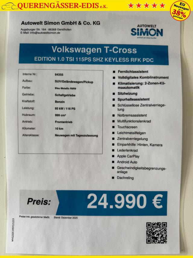 Volkswagen T-Cross EDITION 1.0 TSI 115PS SHZ KEYLESS RFK PDC 