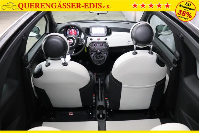 Fiat 500C Dolcevita 1.0 GSE Hybrid 51kW268 Weiß 319 - Stoff "Star" mit Einsätzen aus Vinyl Weiß/Schwarz, Ambiente Schwarz, Verdeck Elfenbein Verdeck Elfenbein "195 Rücksitzlehne geteilt umlegbar (im Verhältnis 50/50) 097 Nebelscheinwerfer 6HQ TYPEBSCHILD KUNDENDIENST ""CIAO FIAT"" 20H NAVI PAKET: - Uconnect™ Navigationssystem mit 7""-Touchscreen, Radio, USB, Bluetooth und DAB+ - Instrumentenanzeige als 7""-TFT-Farbdisplay 396 Fußmatten vorne 925 Windschott 1LR 16""-Leichtmetallfelgen 12 Doppelspeichen 803 Notrad 3K1 KOMFORT PAKET - Klimaautomatik mit Pollenfilter- Außenspiegel elektrisch verstell- und beheizbar 5CA Weiß 665 Raucher Paket"