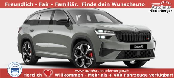Skoda Kodiaq - RS Angebot f. Menschen mit Behinderung 50%! 2.0 TSI 265PS DSG 4x4, Metallic/Stahl-Grau, 20"Alu, DCC, Beheizte Frontscheibe, Elektr. Heckklappe, Navi 13", CANTON, MATRIX-LED, HEAD-UP, Kessy, Alarm, Parksensoren, Panorama-Kamera, Sitzheizung vo/hi