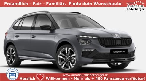 Skoda Kamiq - Monte Carlo 1.0 TSI 115PS DSG, GRAU-MET/Dach schwarz, 18" ALU URSA, AHK-VORBEREITUNG, Panoramadach, Matrix-LED, Parksensoren v/h, Kamera, Tempomat, Virtual Cockpit, Kessy, Winter-Paket, Climatronic, Radio 8", SmartLink, NSW, Dachreling, Sport-M-Lederlenkrad beheizt