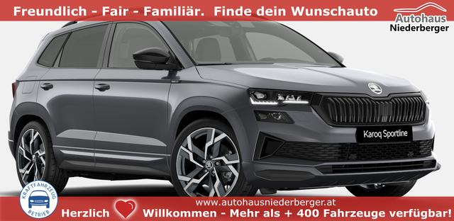 Skoda Karoq - Sportline 1.5 TSI 150PS DSG, GRAPHIT-MET, 5JGARANTIE, AHK SCHWENKBAR, 19" ALU SAGITARIUS, BEHEIZTE FRONTSCHEIBE, SITZHEIZUNG, MATRIX-LED, Elektr. Heckklappe, Virtual Cockpit 10", Climatronic, NAVI, ACC, Parksensoren v/h, R&uuml;ckfahrkamera, Dachreling, PRIVACY-GLAS