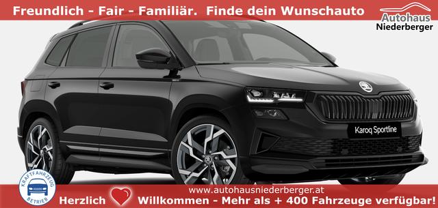 Skoda Karoq - Sportline 1.5 TSI 150PS DSG, SCHWARZ-MET, 5JGARANTIE, AHK SCHWENKBAR, 19" ALU SAGITARIUS, BEHEIZTE FRONTSCHEIBE, SITZHEIZUNG, MATRIX-LED, Elektr. Heckklappe, Virtual Cockpit 10", Climatronic, NAVI, ACC, Parksensoren v/h, R&uuml;ckfahrkamera, Dachreling, PRIVACY-GLAS