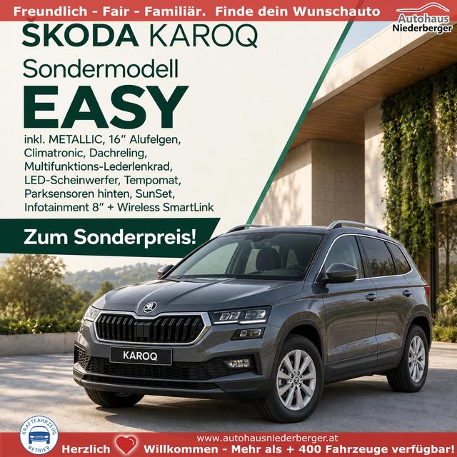 Skoda Karoq - Easy 2.0 TDI 150PS DSG/AUTOMATIK, METALLIC, 16"Alu, Climatronic, Dachreling, M-Lederlenkrad, LED-Scheinwerfer, Tempomat, Parksensoren hinten, Virtual Cockpit 8", SunSet, Infotainment 8" + Wireless SmartLink