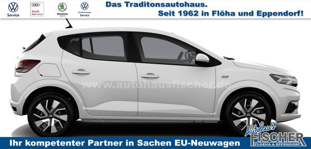 Dacia Sandero Expression 1.0 ECO-G 100 BENZIN/LPG-GASANLAGE, Weiß, Klimaanlage, Parksensoren hinten, Nebelscheinwerfer, Tempomat, Radio 8" + Smartphone-Integration, Lederlenkrad, Armlehne, Außenspiegel elektr. einstell-/beheizbar, Zentralverriegelung mit Fernbedienung 