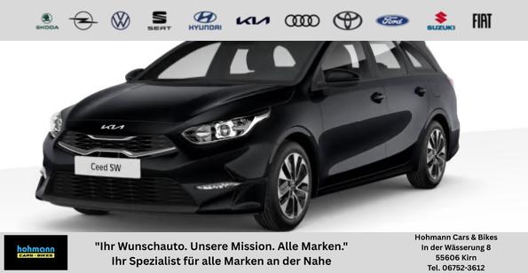Kia Ceed Sportswagon - Spin 1.5 T-GDI 140PS 6-Gang, Schwarz-Metallic, 16" Alufelgen, Klimaanlage, Winter-Paket, Navigationssystem 10,25", Parksensoren hinten, Rückfahrkamera, Tempomat, Dachreling, Beheiztes Lederlenkrad, ZV mit Fernbedienung, Reserve-Notrad