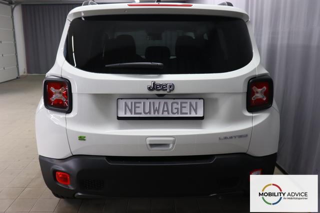 Jeep Renegade 1.5 T4 DCT7 e-Hybrid Limited 1469 96 kW296 Alpine White 020 Stoff Schwarz "Navigationssystem 7KS Winter-Paket UGM Uconnect Smartouch 8.4 mit 8,4""-Touchscreen, Navigationssystem, Bluetooth, AUX-IN-und USB sowie DAB, Apple CarPlay&Android Auto und LIVE Services 070 Seitenscheiben hinten und Heckscheibe verdunkelt Alpine White", Beispielbilder, ggf. teilweise mit Sonderausstattung