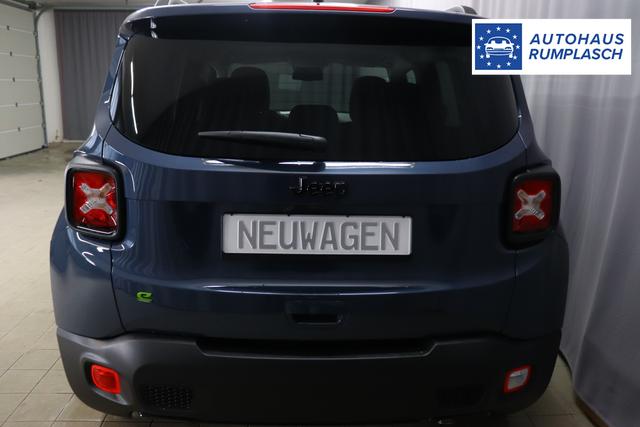 Jeep Renegade 1.5 T4 DCT7 e-Hybrid Limited 1469 96 kW435 Blue Shade Leder Schwarz "Navigationssystem 01K Design-Paket Black Pack 2XL Leder-Paket 2T2 Funktions-Paket 7KS Winter-Paket UGM Uconnect Smartouch 8.4 mit 8,4""-Touchscreen, Navigationssystem, Bluetooth, AUX-IN-und USB sowie DAB, Apple CarPlay&Android Auto und LIVE Services 070 Seitenscheiben hinten und Heckscheibe verdunkelt 108 18""-Leichtmetallfelgen, schwarz glänzend 61P Blue Shade"